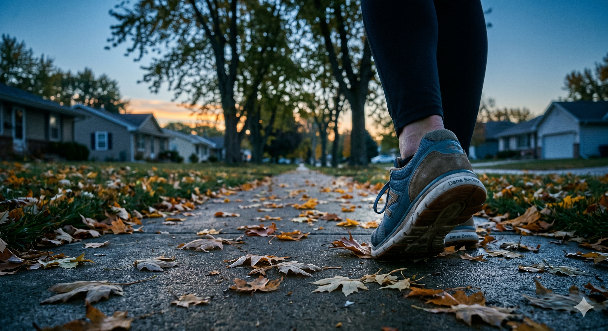 Person walking outdoors on a tree-lined neighborhood sidewalk at dusk — featured image for Becker Chiropractic walking guide in West Omaha